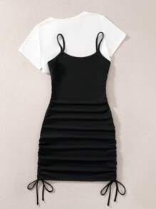 SHEIN EZwear 大碼素色側抽繩吊帶連衣裙和超短款T恤 - 黑與白 - 查看 2