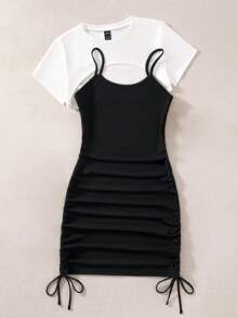 SHEIN EZwear 大碼素色側抽繩吊帶連衣裙和超短款T恤 - 黑與白 - 查看 4