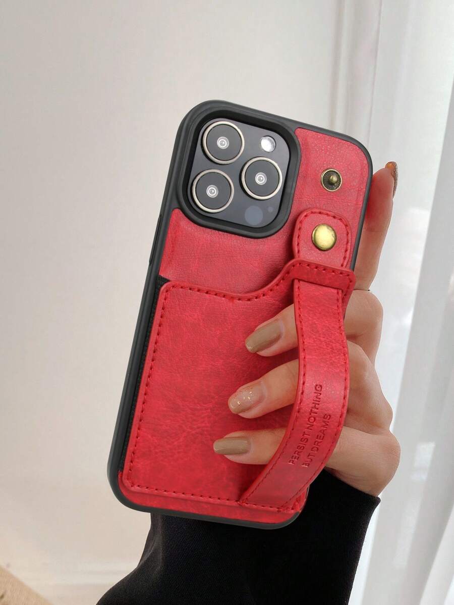 Minimalist PU Phone Case With Push Pull Hand Strap - Red - View 1