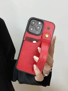 Minimalist PU Phone Case With Push Pull Hand Strap - Red - View 2