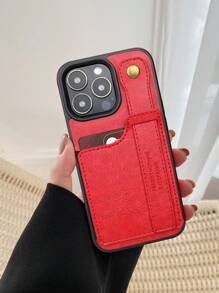 Minimalist PU Phone Case With Push Pull Hand Strap - Red - View 4
