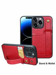 Minimalist PU Phone Case With Push Pull Hand Strap - Red - View 5