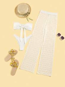 Summer Plain Bandeau Bikini Set With Cover Up Pants - White - View 4