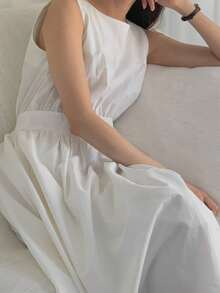 Vestido línea A unicolor con bolsillo oblicuo - Blanco - Ver 5
