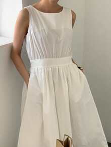 Vestido línea A unicolor con bolsillo oblicuo - Blanco - Ver 7