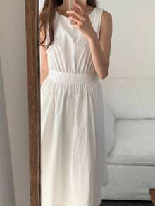 Vestido línea A unicolor con bolsillo oblicuo - Blanco - Ver 8