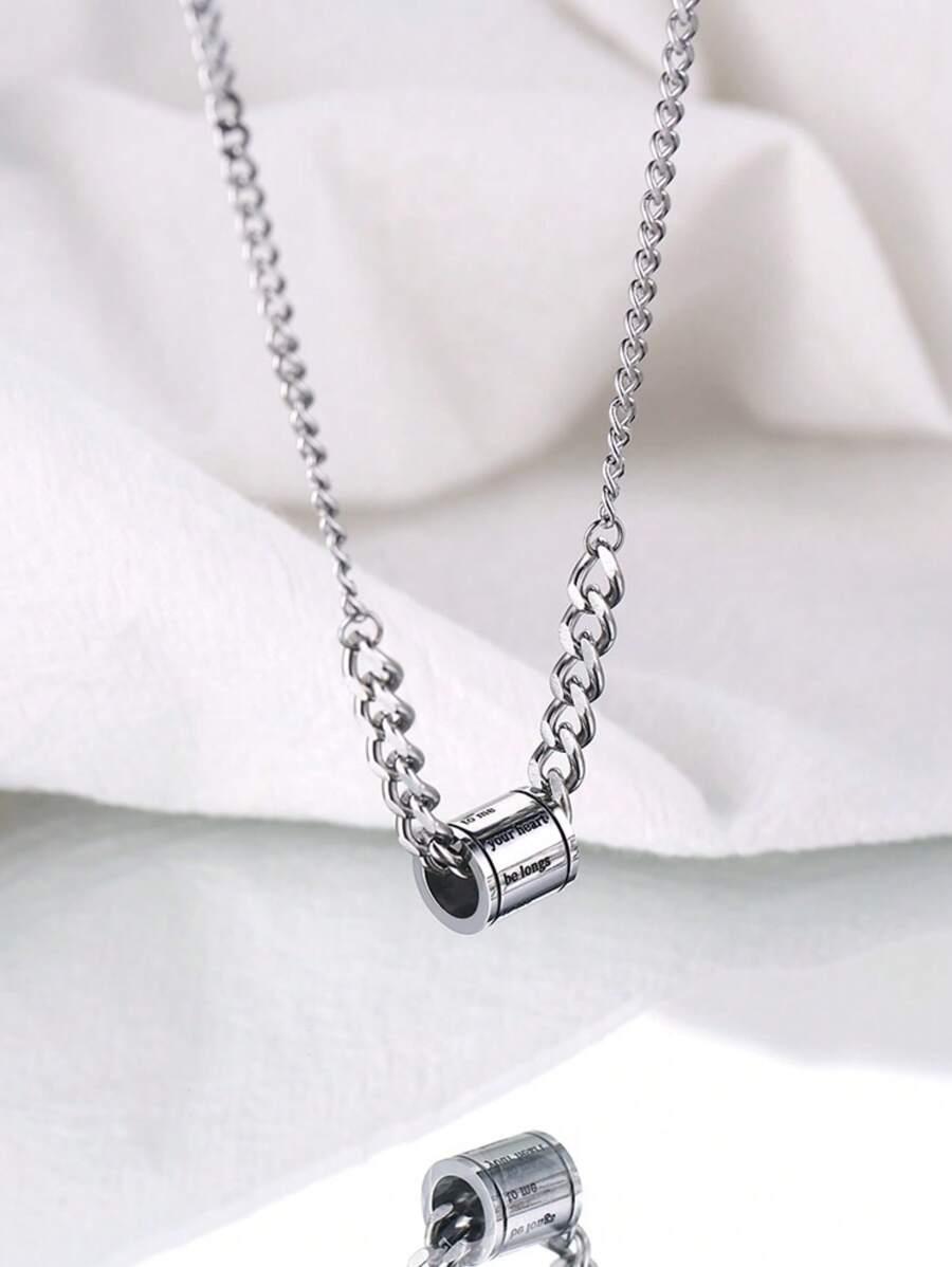 1pc Silver Geometric Cylinder Pendant Necklace, INS Hip-Hop Style - White - View 1