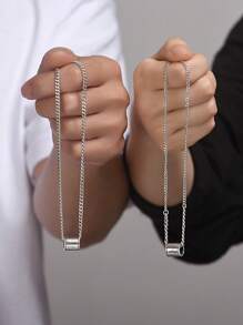 1pc Silver Geometric Cylinder Pendant Necklace, INS Hip-Hop Style - White - View 2