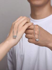 1pc Silver Geometric Cylinder Pendant Necklace, INS Hip-Hop Style - White - View 5