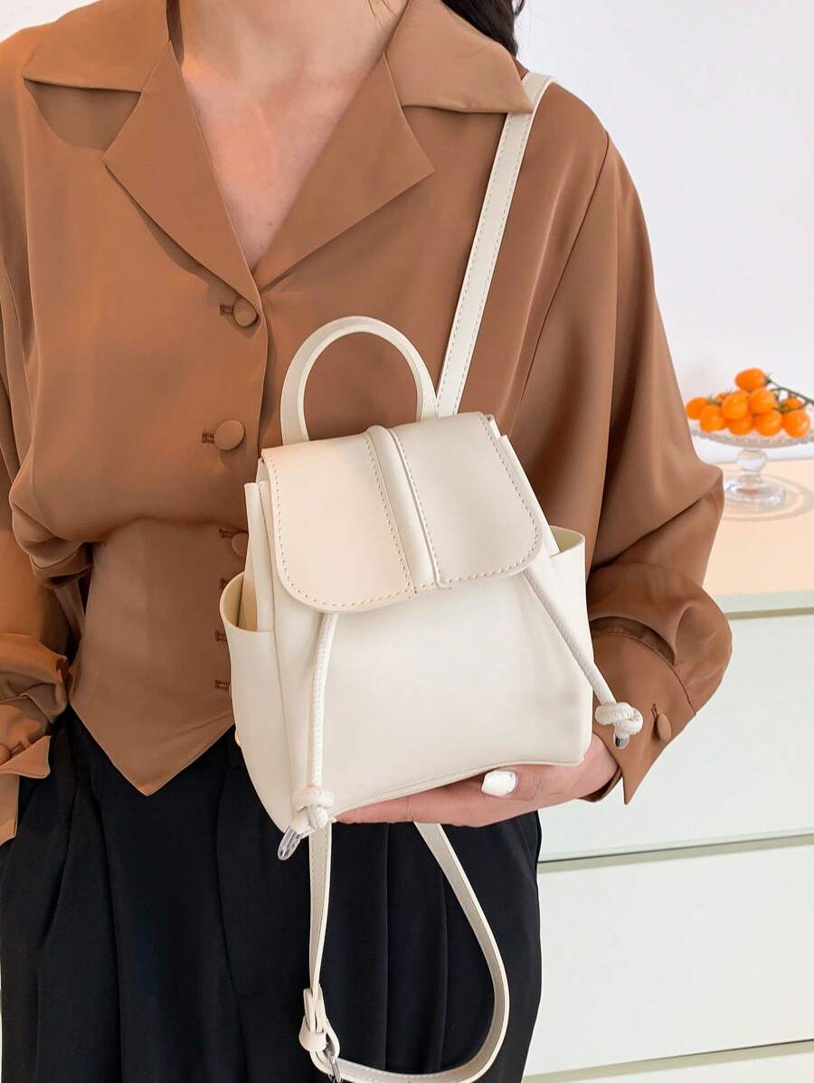 Mini Flap Backpack Drawstring Design Minimalist - Beige - View 1