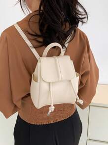 Mini Flap Backpack Drawstring Design Minimalist - Beige - View 5