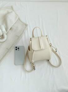 Mini Flap Backpack Drawstring Design Minimalist - Beige - View 6
