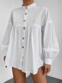 EURMUSE Chemise unicolore à bouton à plis manches bishop - Blanc - Voir 1