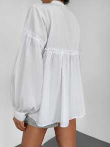 EURMUSE Chemise unicolore à bouton à plis manches bishop - Blanc - Voir 2