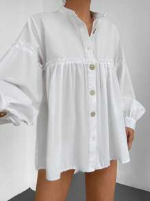 EURMUSE Chemise unicolore à bouton à plis manches bishop - Blanc - Voir 3