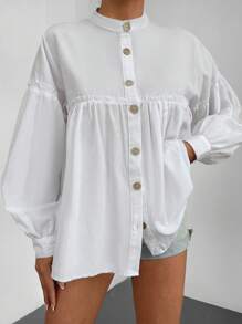 EURMUSE Chemise unicolore à bouton à plis manches bishop - Blanc - Voir 4