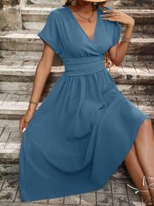 SHEIN LUNE Solid Batwing Sleeve A-line Dress - Dusty Blue - View 1