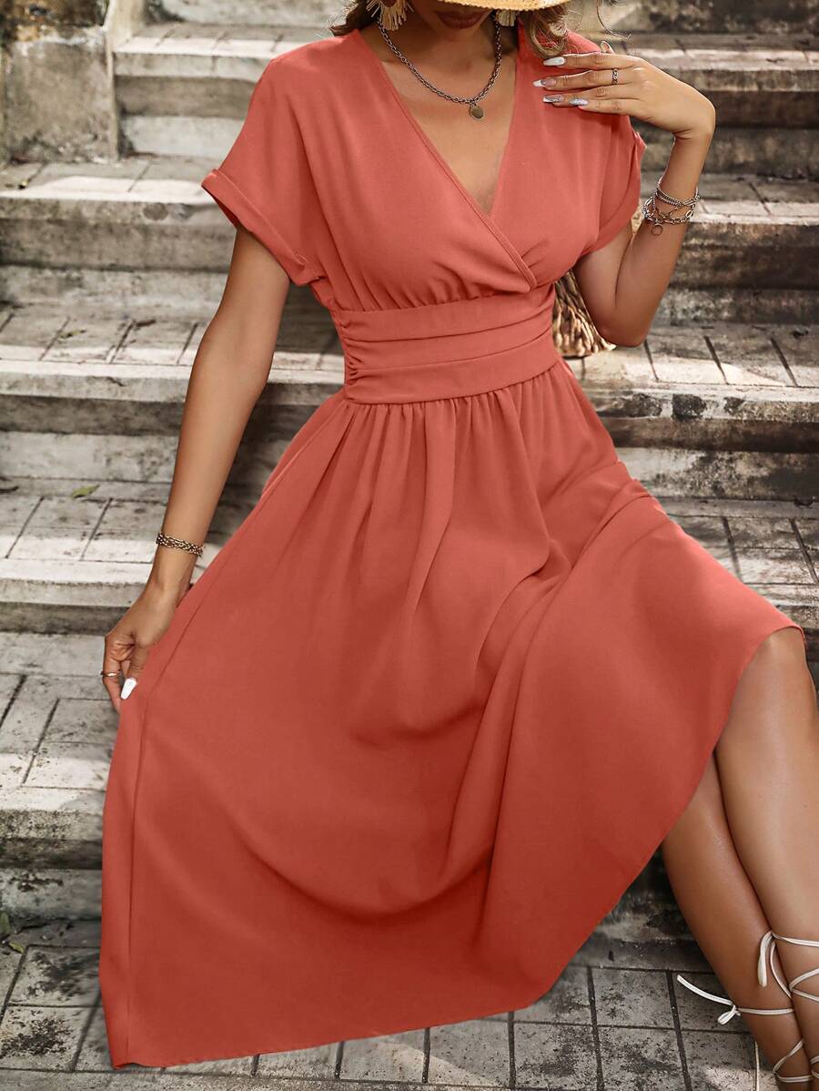 SHEIN LUNE 交疊領蝙蝠袖A字連衣裙 - 紅木色 - 查看 1