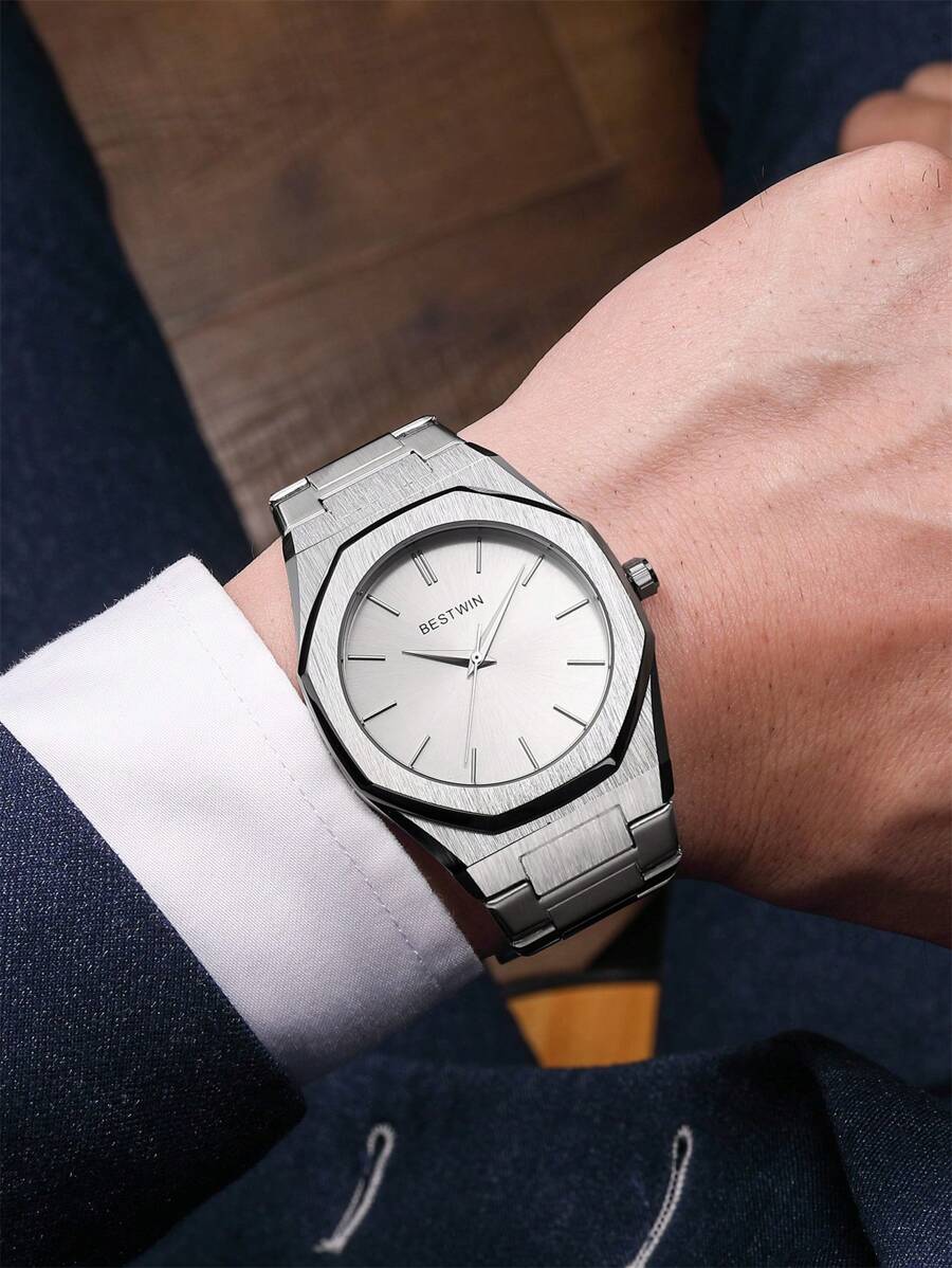 GORBEN Men Round Pointer Quartz Watch Father - Silver - View 1