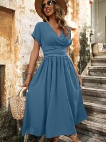 SHEIN LUNE Solid Batwing Sleeve A-line Dress - Dusty Blue - View 4