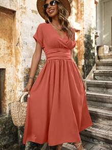 SHEIN LUNE 交疊領蝙蝠袖A字連衣裙 - 紅木色 - 查看 4