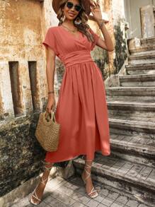 SHEIN LUNE 交疊領蝙蝠袖A字連衣裙 - 紅木色 - 查看 6