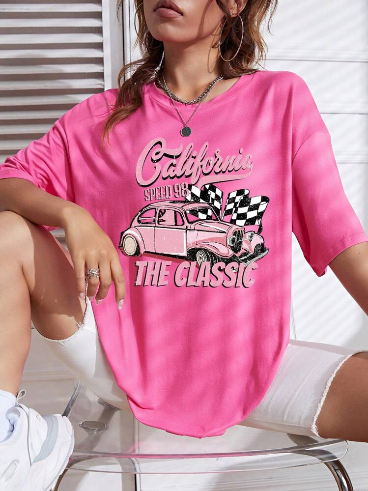SHEIN EZwear 車＆文字グラフィック ドロップショルダーTシャツ