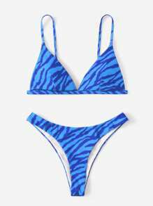 SHEIN Swim Summer Beach Zebra Stripe Triangle Bikini Set - Blue - View 1