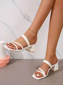 女士新款方头粗跟一脚蹬凉鞋 - 白色 - 查看 2