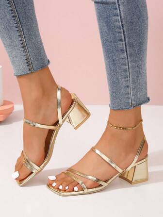 女士方头粗跟一脚蹬高跟凉鞋