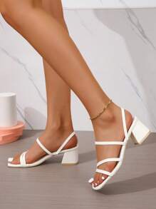 女士新款方头粗跟一脚蹬凉鞋 - 白色 - 查看 3