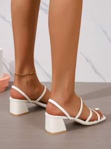 女士新款方头粗跟一脚蹬凉鞋 - 白色 - 查看 5