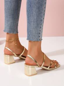 女士方头粗跟一脚蹬高跟凉鞋