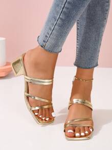 女士方头粗跟一脚蹬高跟凉鞋