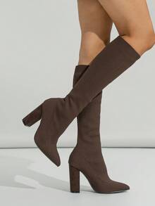 弹力中筒女靴，紧身性感针织过膝靴，中筒靴，及膝靴，袜靴，秋季，冬季，性感尖头粗跟靴，棕色，高跟鞋 - 棕色 - 查看 3