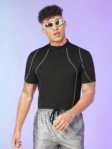 FeverCity 男士對比色管口拉鍊領恤衫，迪斯科男友禮物 - 黑色 - 查看 5