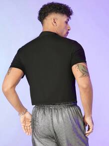 FeverCity 男士對比色管口拉鍊領恤衫，迪斯科男友禮物 - 黑色 - 查看 2