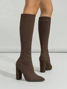 弹力中筒女靴，紧身性感针织过膝靴，中筒靴，及膝靴，袜靴，秋季，冬季，性感尖头粗跟靴，棕色，高跟鞋 - 棕色 - 查看 5