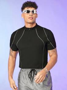 FeverCity 男士對比色管口拉鍊領恤衫，迪斯科男友禮物 - 黑色 - 查看 4