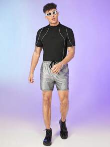 FeverCity 男士對比色管口拉鍊領恤衫，迪斯科男友禮物 - 黑色 - 查看 7