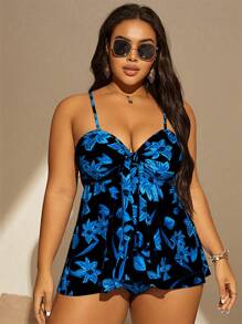 Swim Lushoire Summer Beach Plus Size Floral Print Ruffle Hem Swim Dress