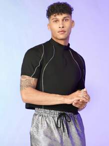 FeverCity 男士對比色管口拉鍊領恤衫，迪斯科男友禮物 - 黑色 - 查看 8