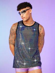 FeverCity Men Sequin Contrast Binding Tank Top - Multicolor - View 3