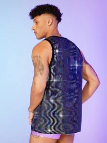 FeverCity Men Sequin Contrast Binding Tank Top - Multicolor - View 2