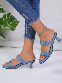 女士搭扣裝飾高跟時尚牛仔穆勒涼鞋