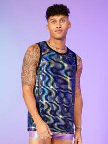 FeverCity Men Sequin Contrast Binding Tank Top - Multicolor - View 1