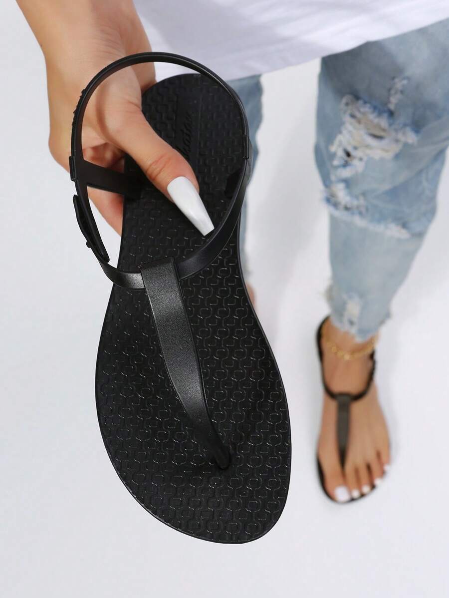 女士極簡夾腳平底時尚黑色T字帶涼鞋