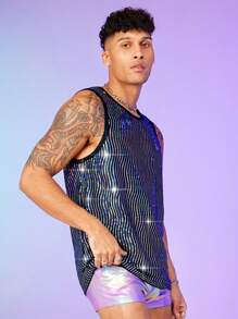 FeverCity Men Sequin Contrast Binding Tank Top - Multicolor - View 4