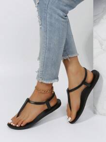 女士極簡夾腳平底時尚黑色T字帶涼鞋