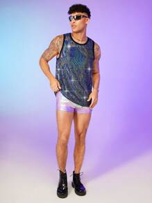 FeverCity Men Sequin Contrast Binding Tank Top - Multicolor - View 5